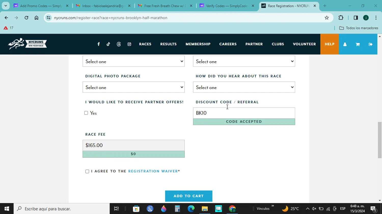 NYCRUNS checkout page showing NYCRUNS discount code box | Screenshot taken by SimplyCodes community member on Mar 15, 2024