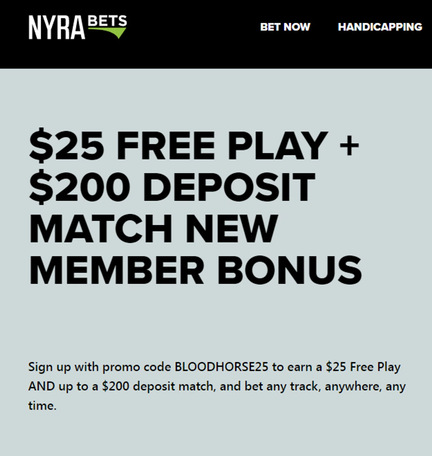 NYRA Bets promo code screenshot showing code BLOODHORSE25 applied at NYRA Bets checkout page. Uploaded by SimplyCodes community member RonaldAcunaJr on Feb 24, 2026