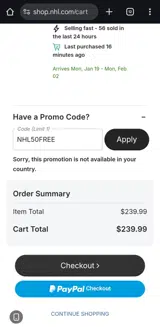 NHL50FREE coupon verification screenshot