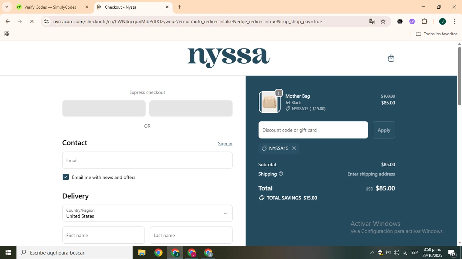 Nyssa Care promo code screenshot showing code NYSSA15 applied at Nyssa Care checkout page. Uploaded by SimplyCodes community member CrownOwl1879 on Oct 29, 2025
