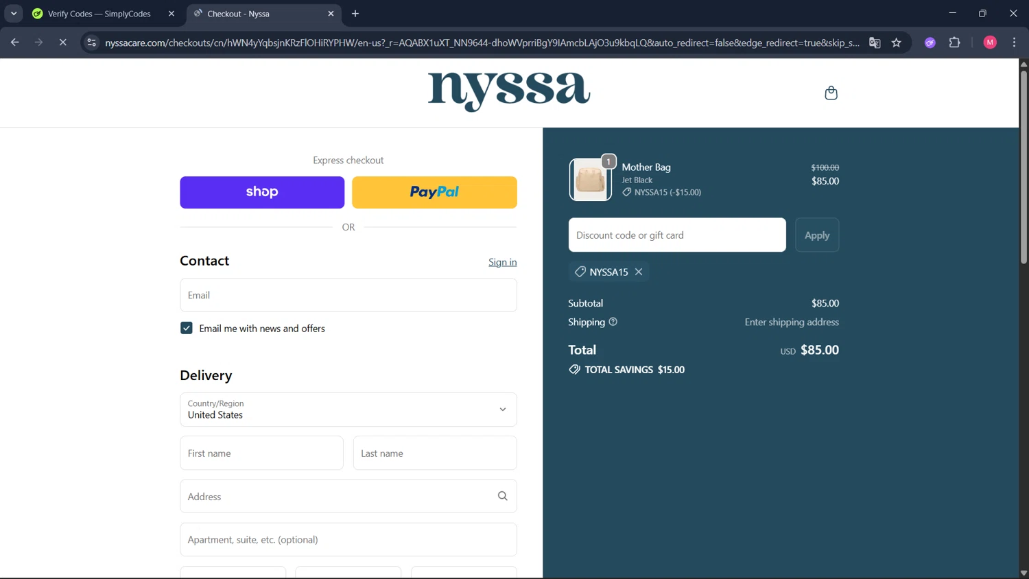 Nyssa Care promo code screenshot showing code NYSSA15 applied at Nyssa Care checkout page. Uploaded by SimplyCodes community member ValueCollector4159 on Nov 6, 2025