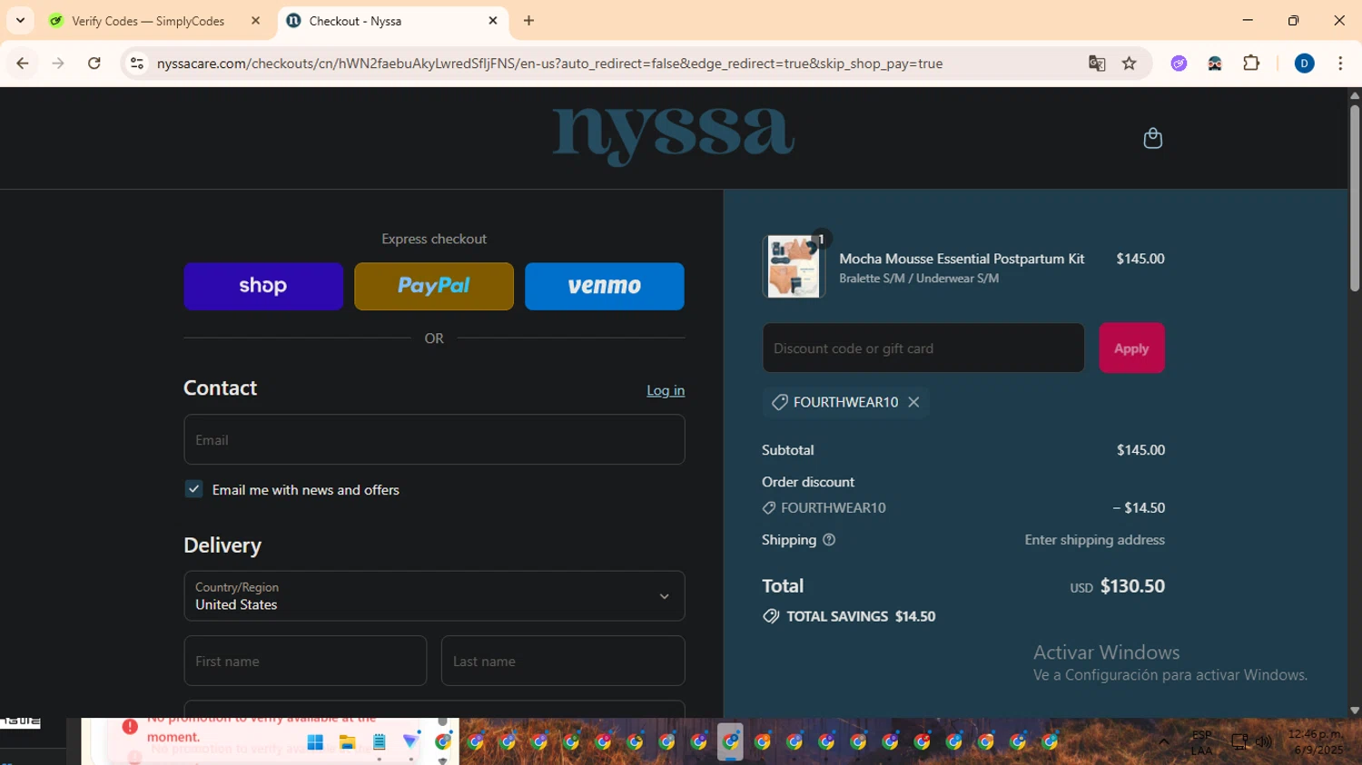 Nyssa Care promo code screenshot showing code fourthwear10 applied at Nyssa Care checkout page. Uploaded by SimplyCodes community member DealVoyager8768 on Sep 6, 2025