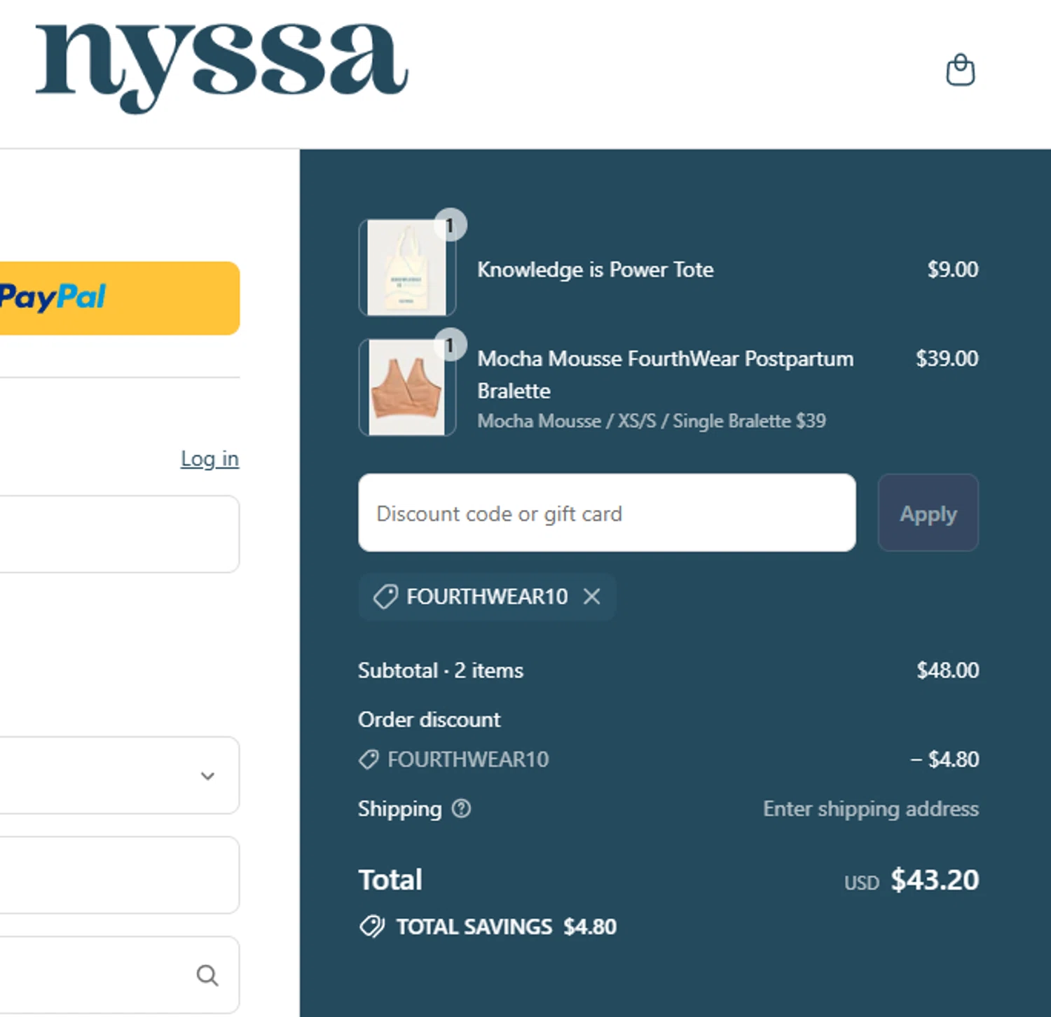 Nyssa Care promo code screenshot showing code fourthwear10 applied at Nyssa Care checkout page. Uploaded by SimplyCodes community member aumentadax10 on Jul 30, 2025
