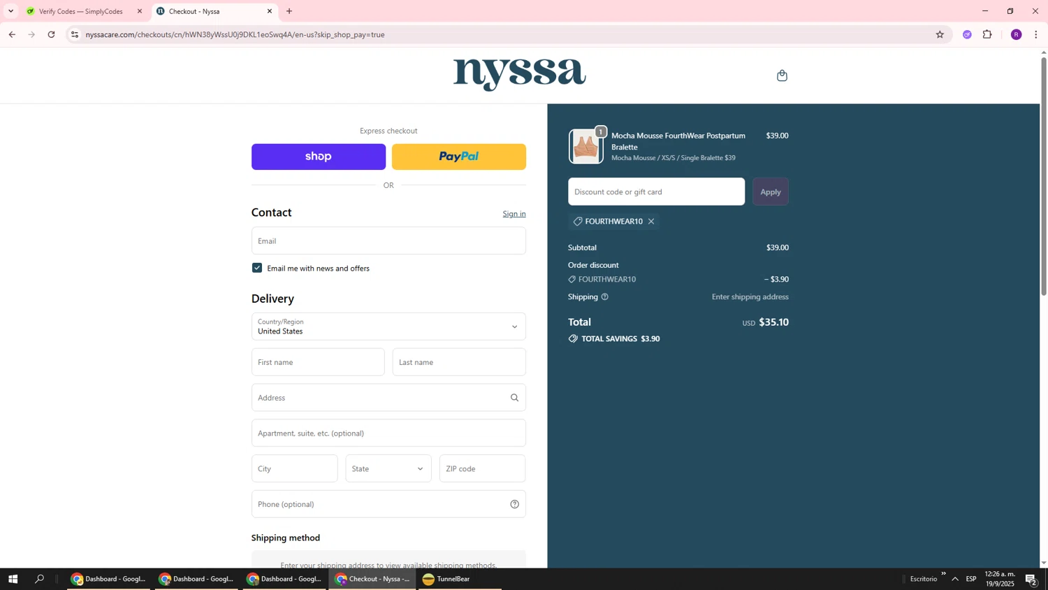 Nyssa Care promo code screenshot showing code fourthwear10 applied at Nyssa Care checkout page. Uploaded by SimplyCodes community member ukemochi on Sep 19, 2025