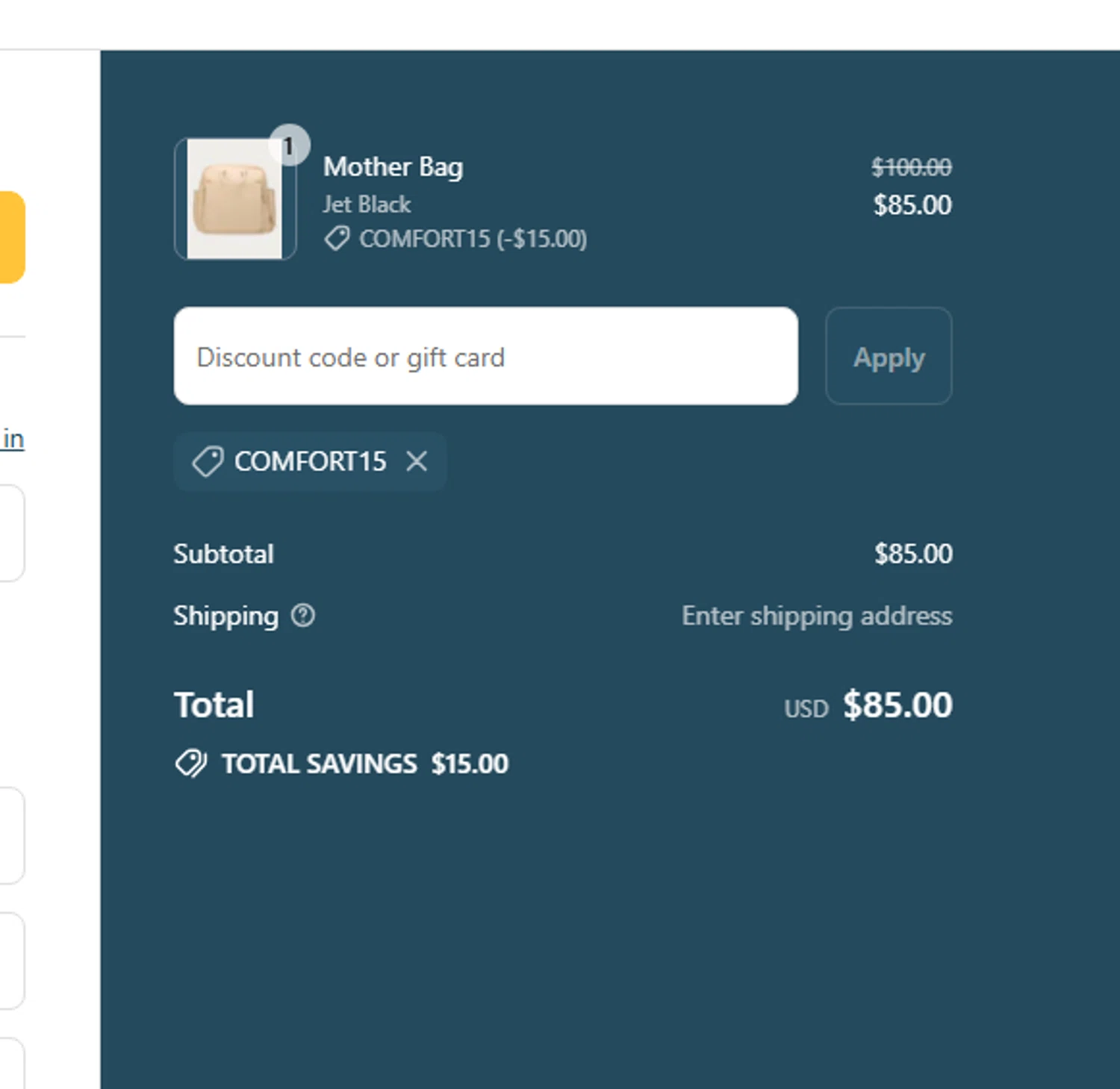 Nyssa Care promo code screenshot showing code COMFORT15 applied at Nyssa Care checkout page. Uploaded by SimplyCodes community member CouponPro4243 on Aug 29, 2025
