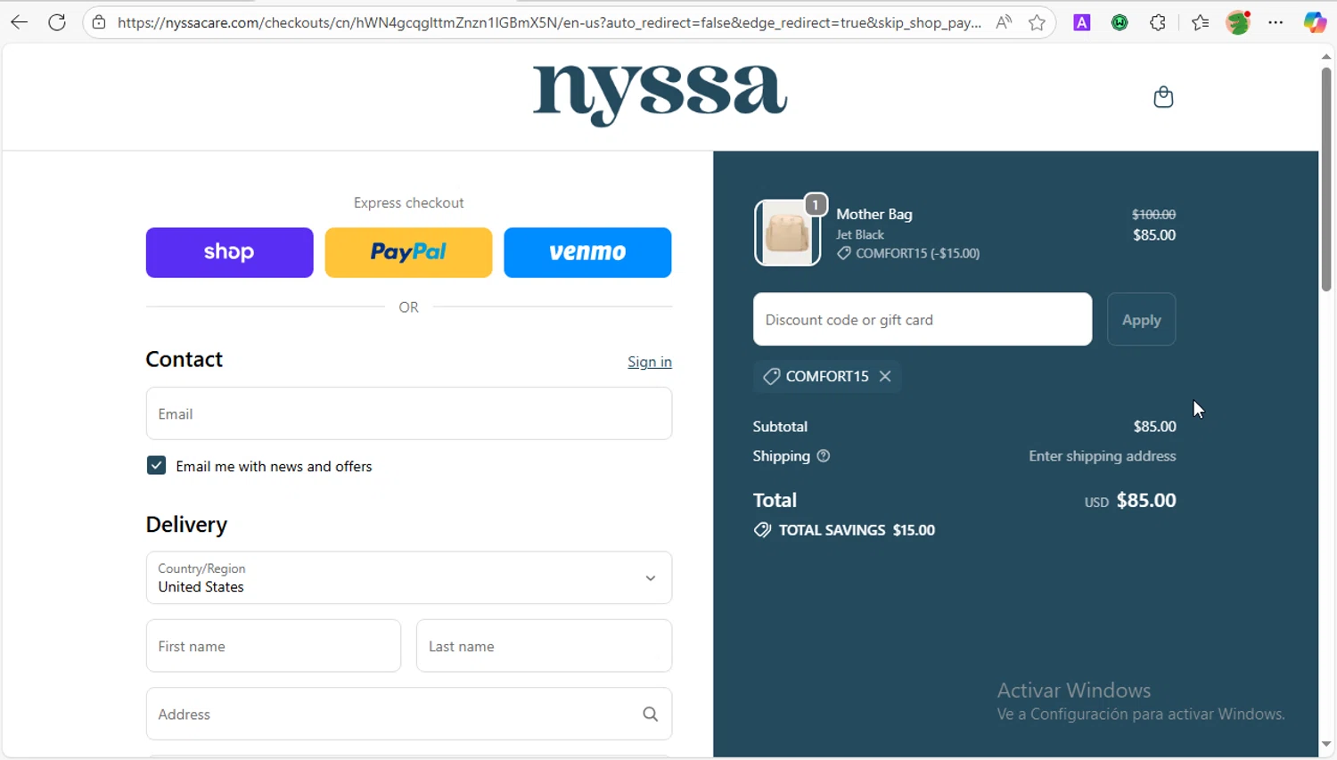 Nyssa Care promo code screenshot showing code COMFORT15 applied at Nyssa Care checkout page. Uploaded by SimplyCodes community member PrincessCoupon on Oct 29, 2025