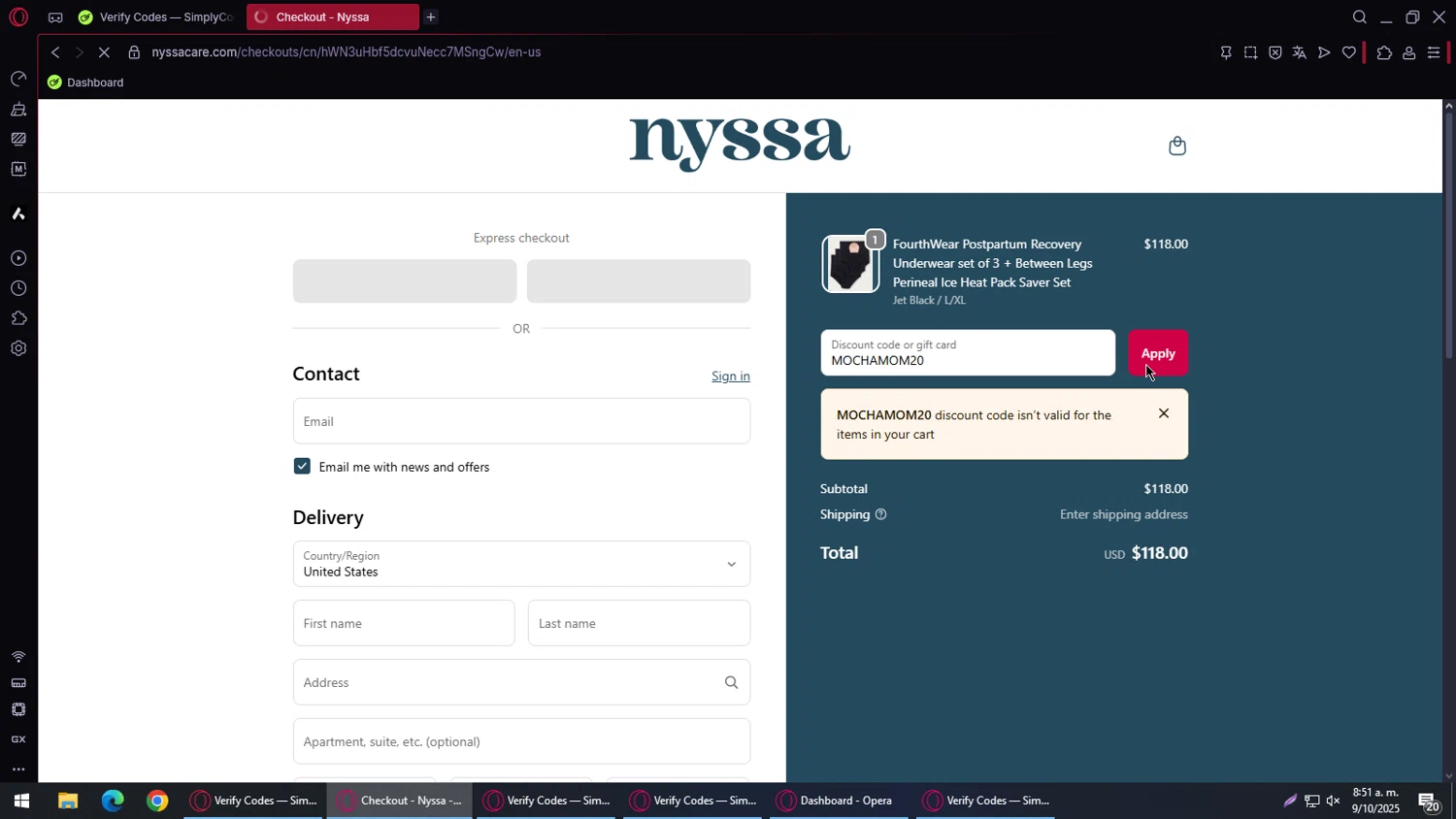 Nyssa Care promo code screenshot showing code MOCHAMOM20 applied at Nyssa Care checkout page. Uploaded by SimplyCodes community member CouponGuardian8137 on Oct 9, 2025