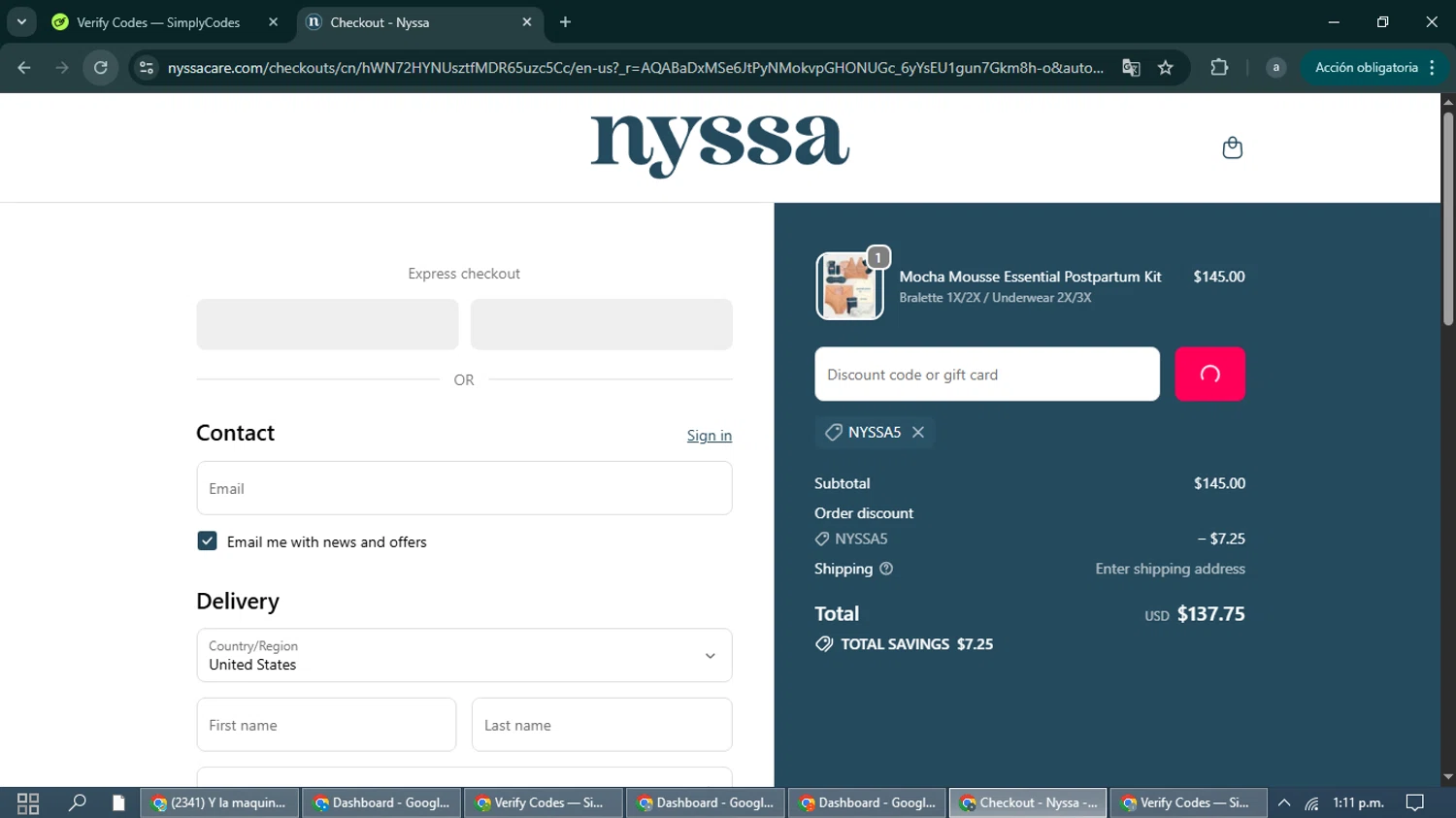 Nyssa Care checkout page showing Nyssa Care promo code box | Screenshot taken by SimplyCodes community member on Dec 30, 2025