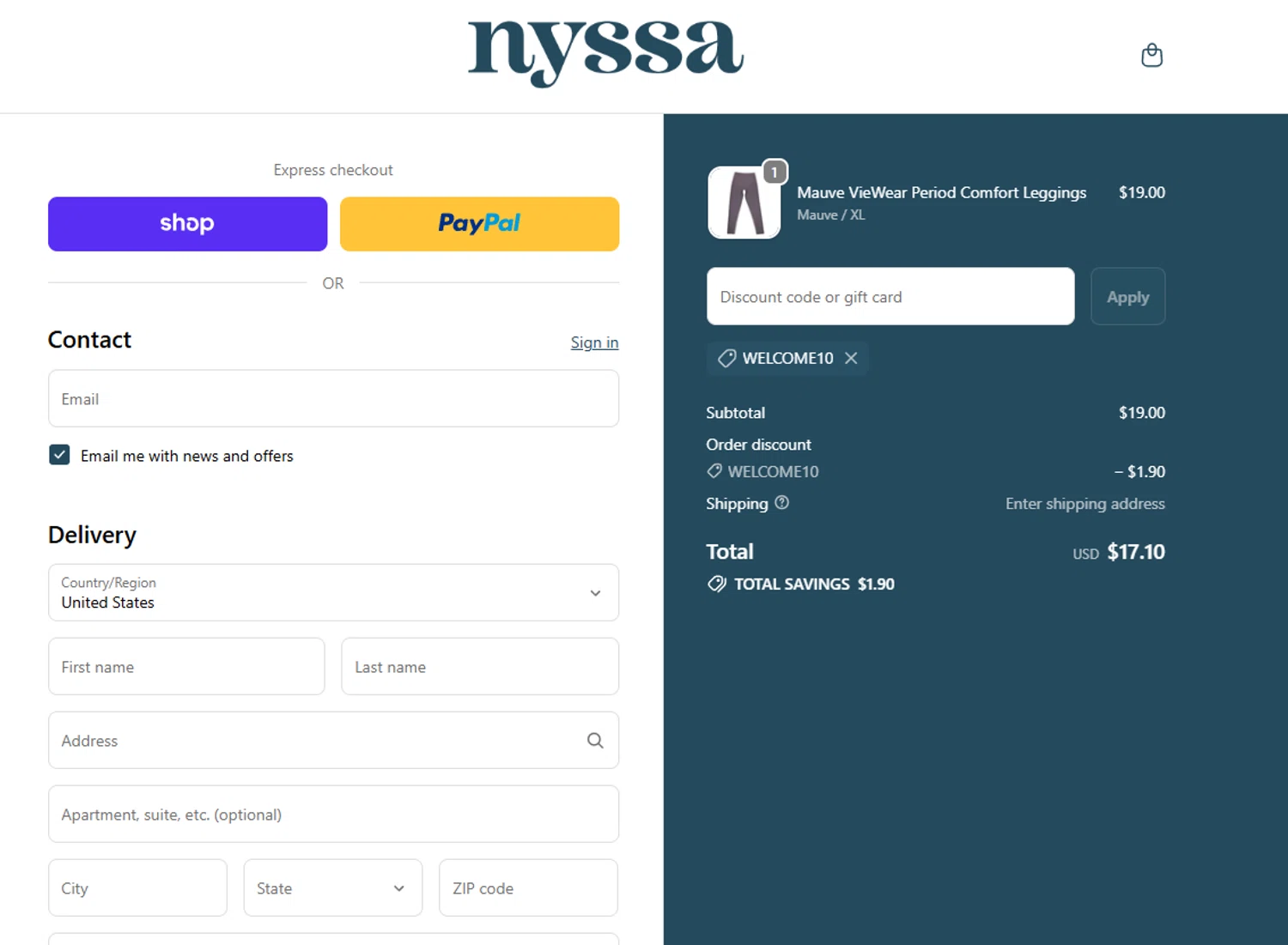 Nyssa Care promo code screenshot showing code WELCOME10 applied at Nyssa Care checkout page. Uploaded by SimplyCodes community member WiseSeeker4854 on Dec 4, 2025