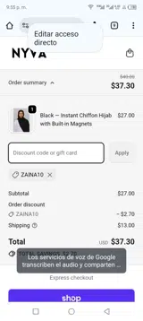 Zaina10 coupon verification screenshot