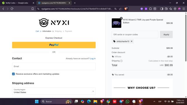 NYXI checkout page showing NYXI discount code box | Screenshot taken by SimplyCodes community member on Aug 21, 2025
