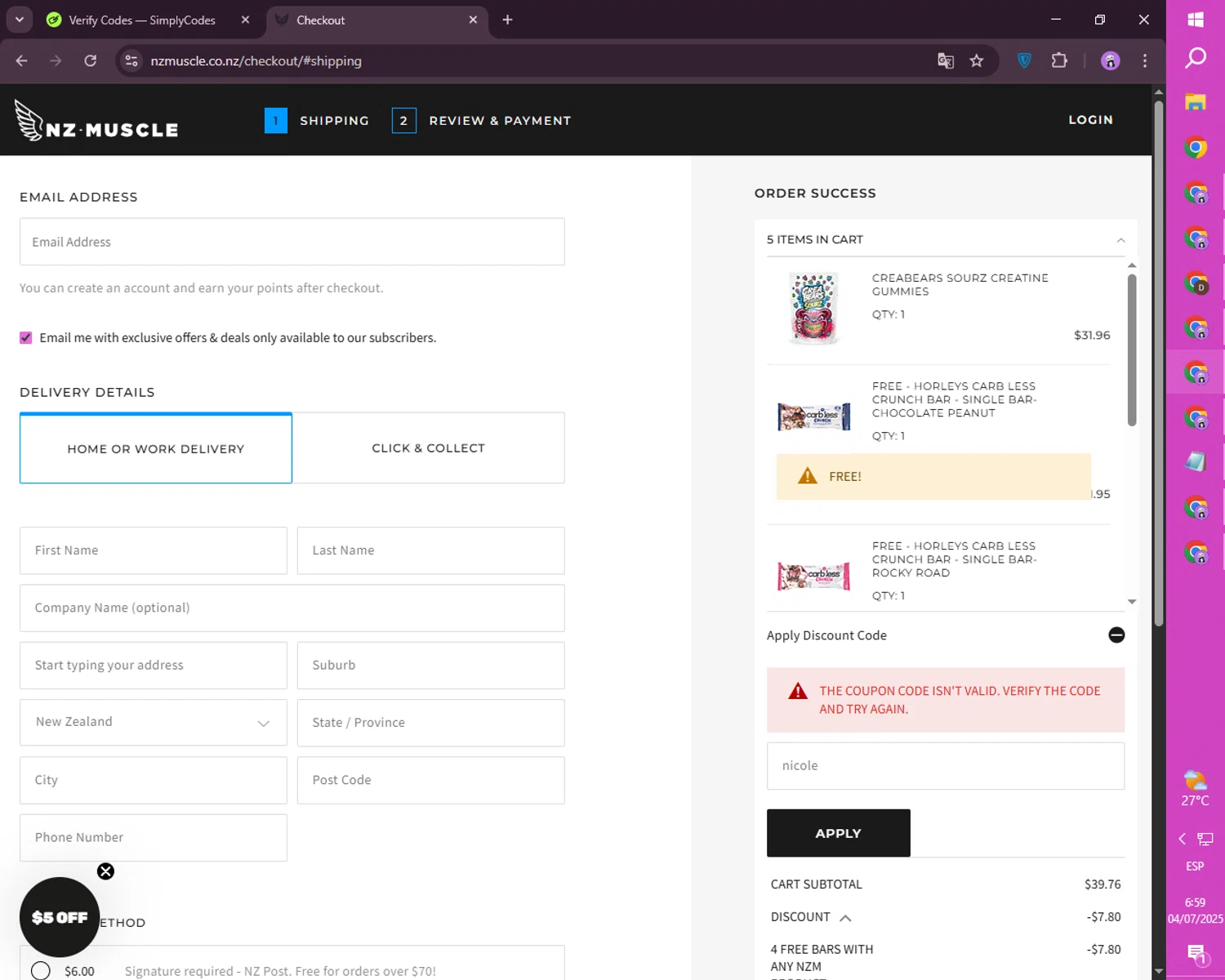 NZ Muscle promo code screenshot showing code nicole applied at NZ Muscle checkout page. Uploaded by SimplyCodes community member FortunateScholar4524 on Jul 4, 2025