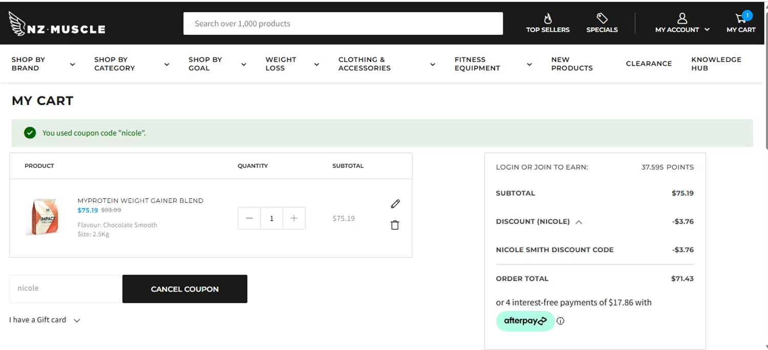 NZ Muscle checkout page showing NZ Muscle promo code box | Screenshot taken by SimplyCodes community member on Apr 25, 2025