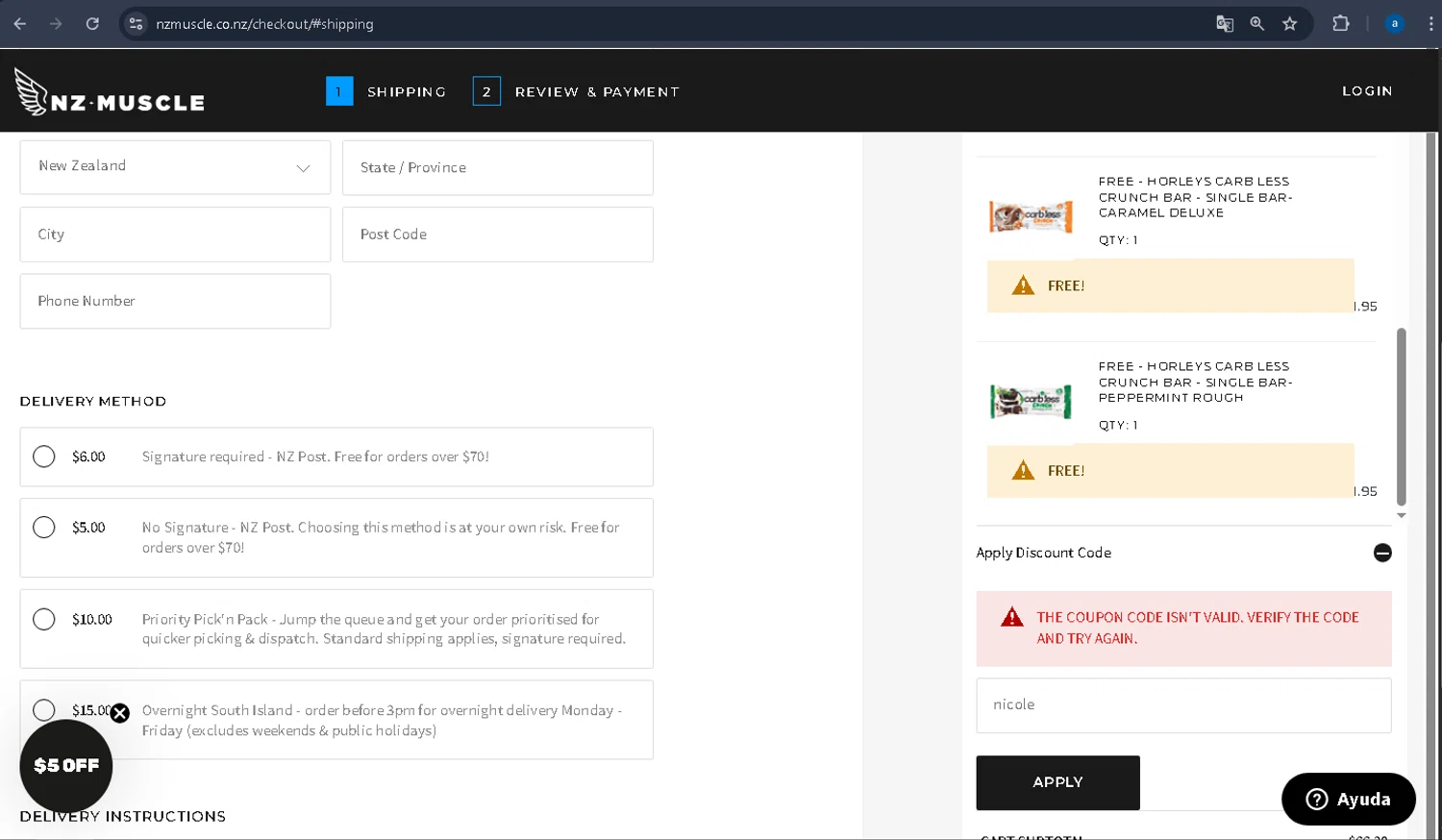 NZ Muscle promo code screenshot showing code nicole applied at NZ Muscle checkout page. Uploaded by SimplyCodes community member yuss007 on Jul 4, 2025