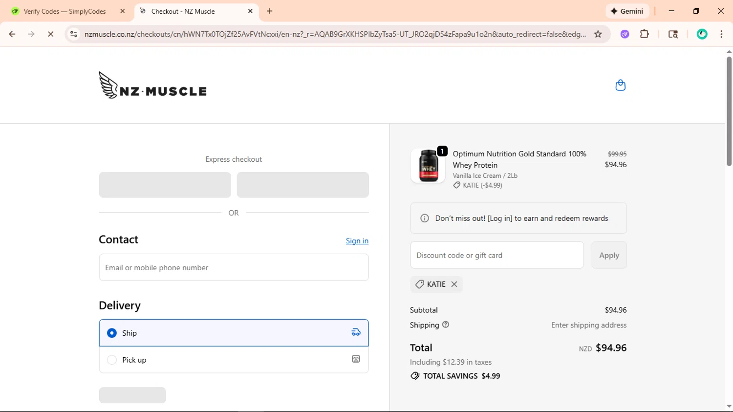 NZ Muscle promo code screenshot showing code KATIE applied at NZ Muscle checkout page. Uploaded by SimplyCodes community member ShieldLegend9691 on Jan 11, 2026