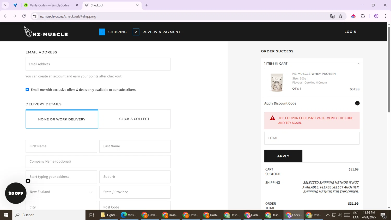 NZ Muscle promo code screenshot showing code LOYAL applied at NZ Muscle checkout page. Uploaded by SimplyCodes community member NobleRanger9699 on Apr 25, 2025