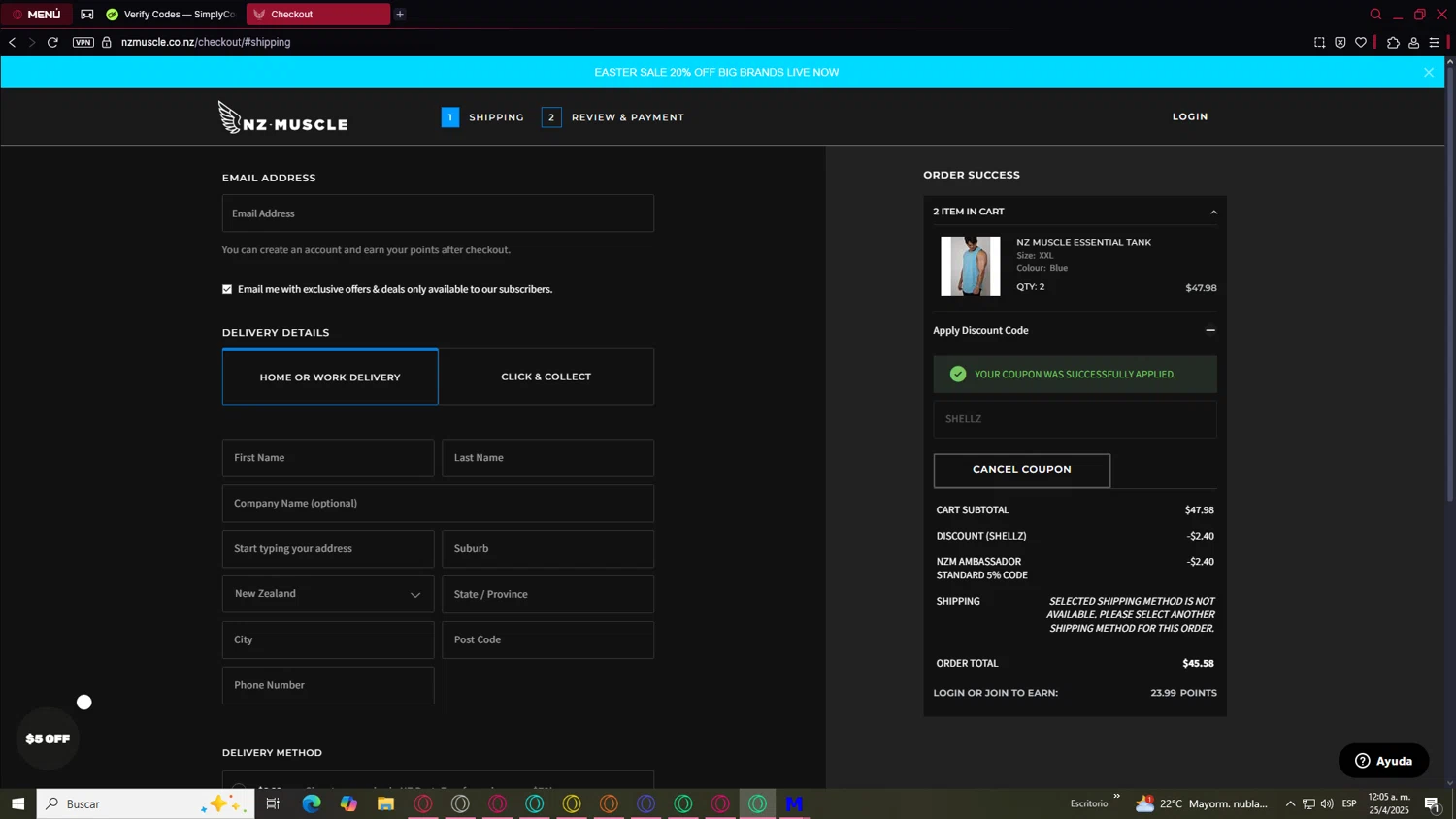 NZ Muscle promo code screenshot showing code SHELLZ applied at NZ Muscle checkout page. Uploaded by SimplyCodes community member ValueLegend167 on Apr 25, 2025
