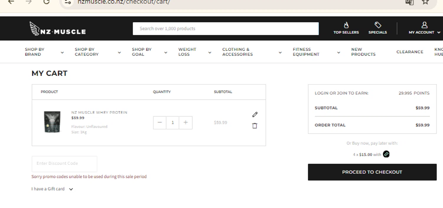 NZ Muscle promo code screenshot showing code SHELLZ applied at NZ Muscle checkout page. Uploaded by SimplyCodes community member RewardFinder4836 on Jan 21, 2025