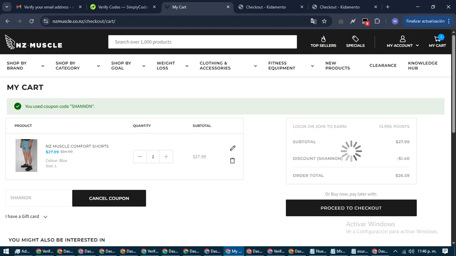 NZ Muscle promo code screenshot showing code SHANNON applied at NZ Muscle checkout page. Uploaded by SimplyCodes community member PrimeFox5260 on Apr 25, 2025