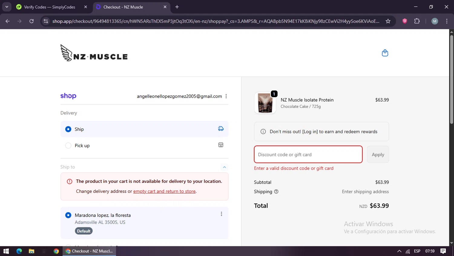 NZ Muscle promo code screenshot showing code SHANNON applied at NZ Muscle checkout page. Uploaded by SimplyCodes community member maraxo on Nov 11, 2025