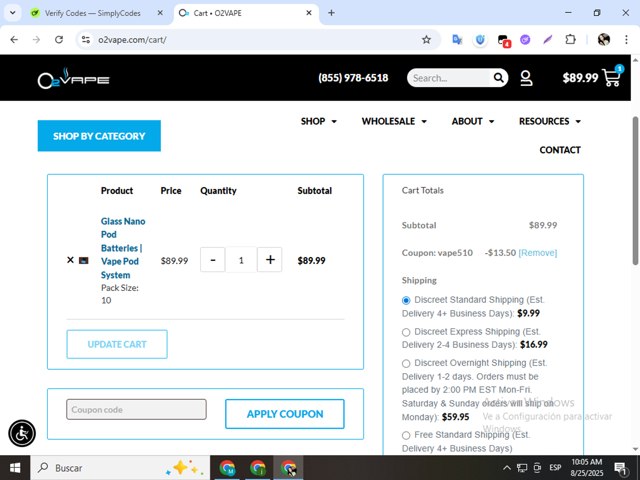 O2VAPE checkout page showing O2VAPE promo code box | Screenshot taken by SimplyCodes community member on Aug 25, 2025