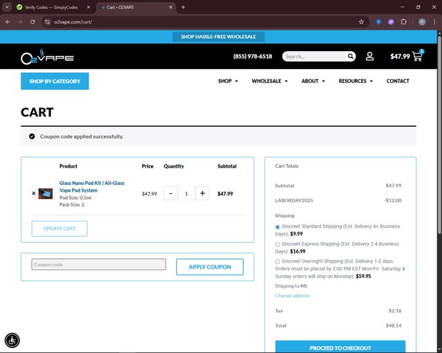 O2VAPE checkout page showing O2VAPE promo code box | Screenshot taken by SimplyCodes community member on Aug 30, 2025
