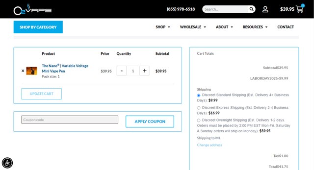 O2VAPE checkout page showing O2VAPE promo code box | Screenshot taken by SimplyCodes community member on Aug 30, 2025