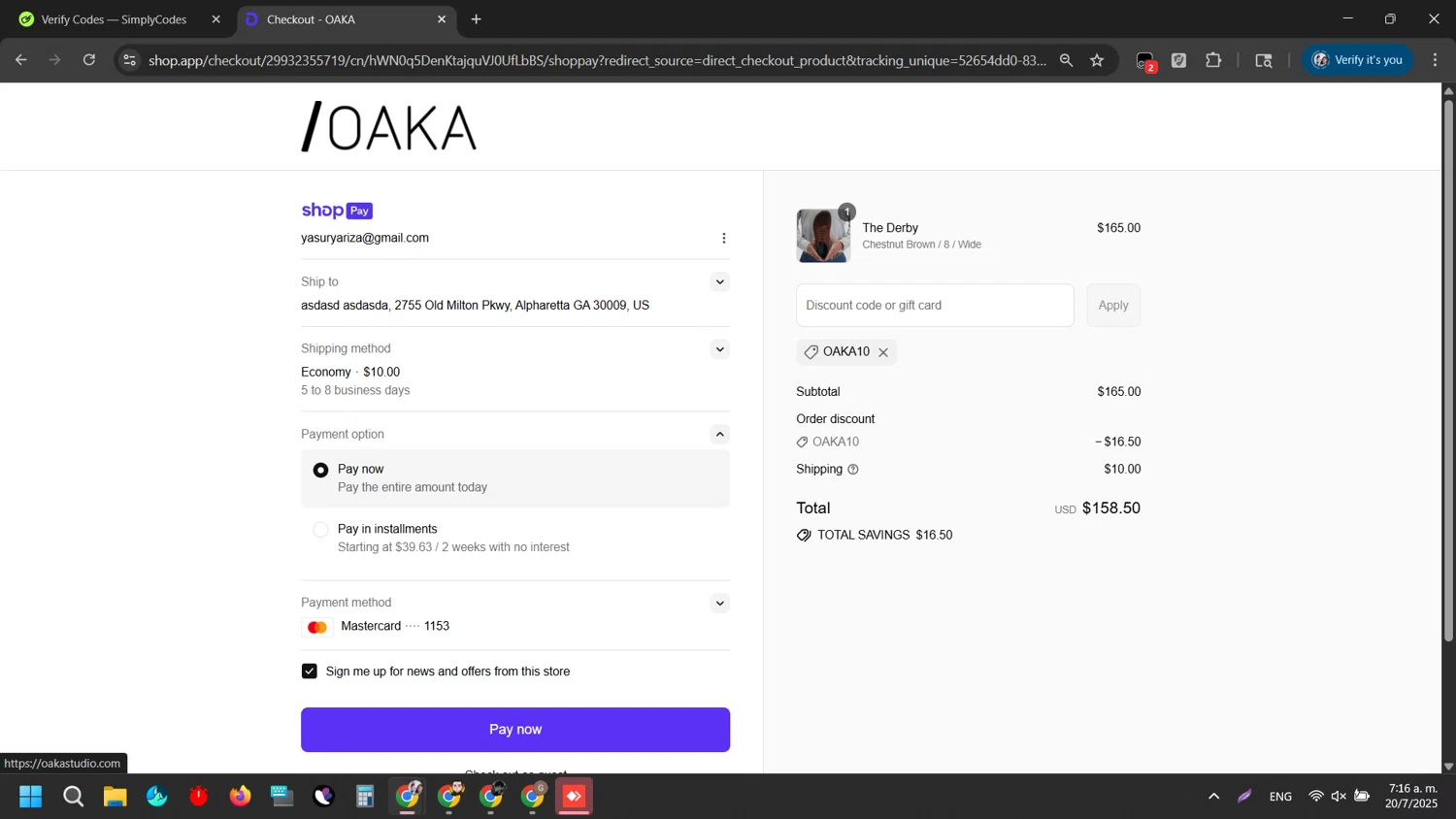OAKA promo code screenshot showing code OAKA10 applied at OAKA checkout page. Uploaded by SimplyCodes community member Rei_Chikita_uwu on Jul 20, 2025
