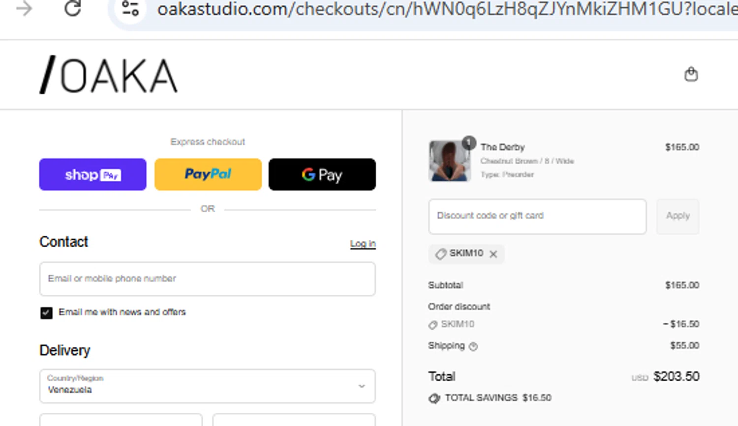OAKA promo code screenshot showing code SKIM10 applied at OAKA checkout page. Uploaded by SimplyCodes community member CashMaestro9337 on Jul 20, 2025