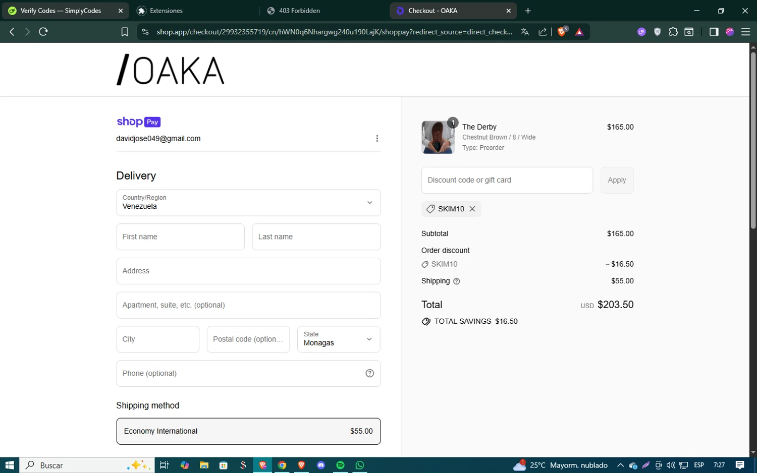 OAKA promo code screenshot showing code SKIM10 applied at OAKA checkout page. Uploaded by SimplyCodes community member SmartSaver5448 on Jul 20, 2025