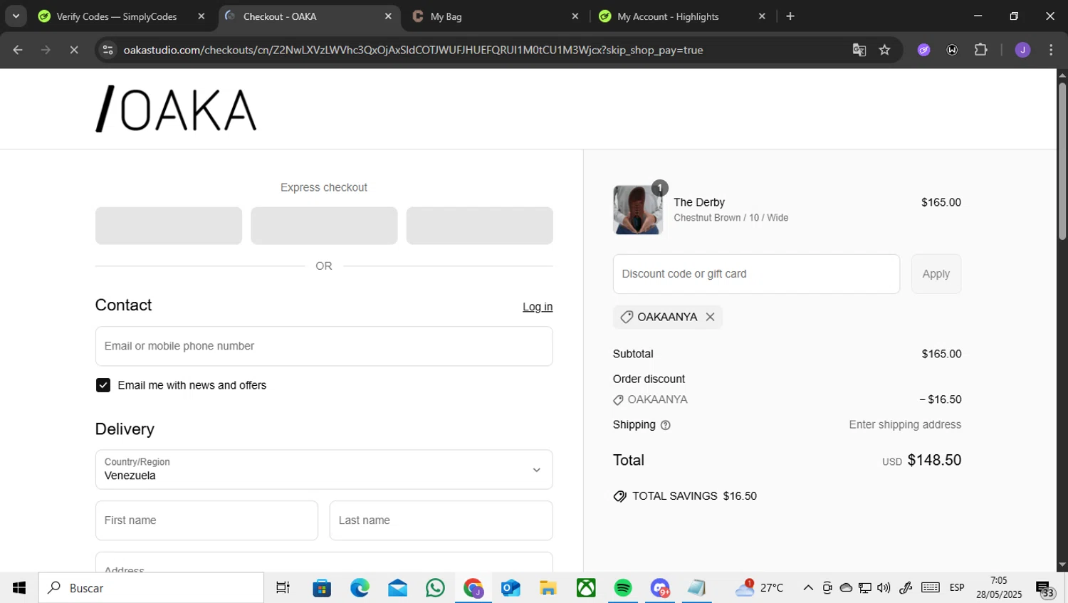 OAKA promo code screenshot showing code OAKAANYA applied at OAKA checkout page. Uploaded by SimplyCodes community member ENCARAMESSI on May 28, 2025