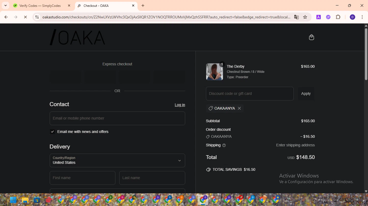 OAKA promo code screenshot showing code OAKAANYA applied at OAKA checkout page. Uploaded by SimplyCodes community member PromoLion4240 on Jun 26, 2025