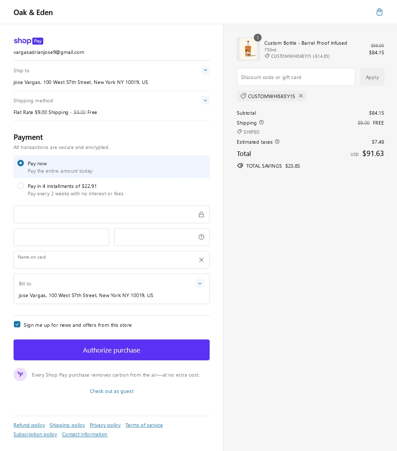 Oak & Eden checkout page showing Oak & Eden promo code box | Screenshot taken by SimplyCodes community member on May 17, 2024