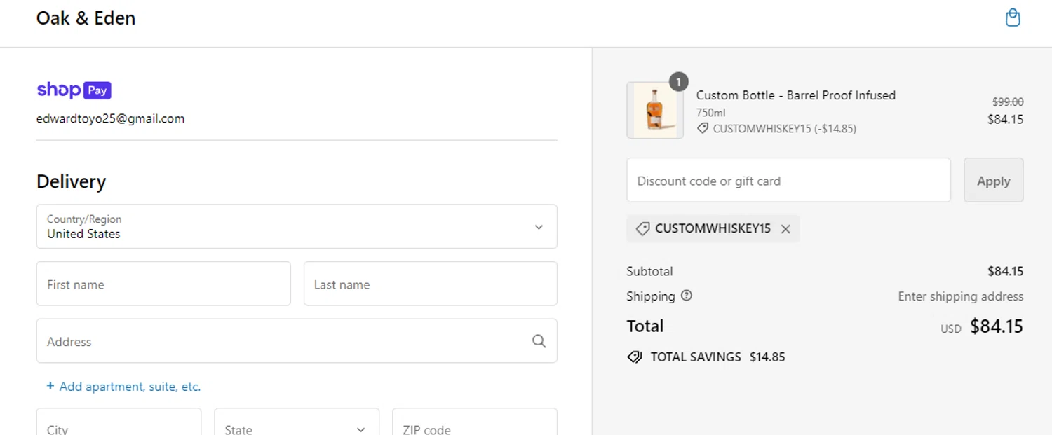 Oak & Eden checkout page showing Oak & Eden promo code box | Screenshot taken by SimplyCodes community member on Apr 10, 2024