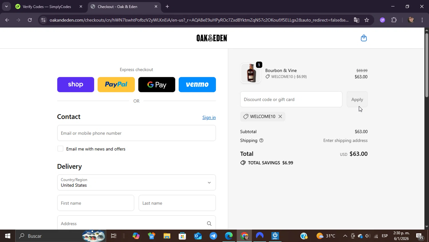 Oak & Eden promo code screenshot showing code welcome10 applied at Oak & Eden checkout page. Uploaded by SimplyCodes community member ShieldEagle9436 on Jan 6, 2026