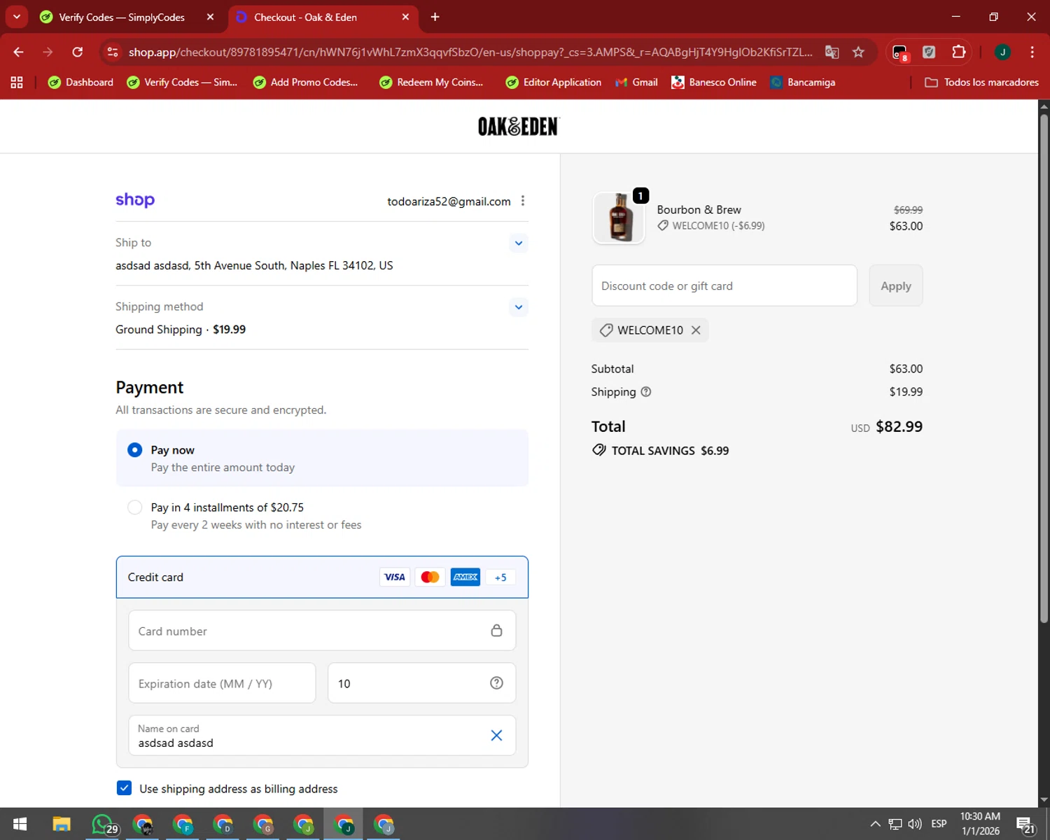Oak & Eden promo code screenshot showing code welcome10 applied at Oak & Eden checkout page. Uploaded by SimplyCodes community member SilverAdmiral2559 on Jan 1, 2026