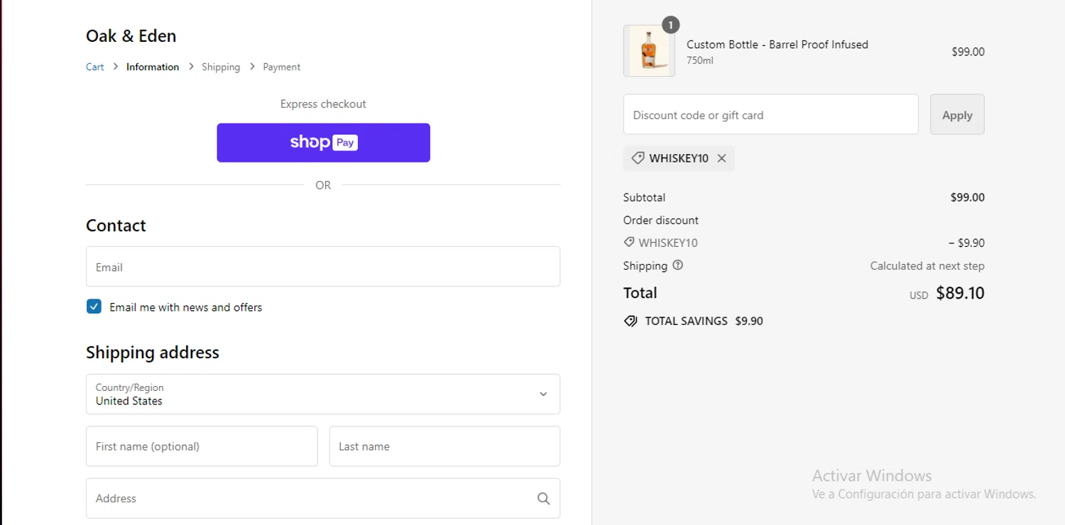 Oak & Eden checkout page showing Oak & Eden promo code box | Screenshot taken by SimplyCodes community member on May 9, 2024