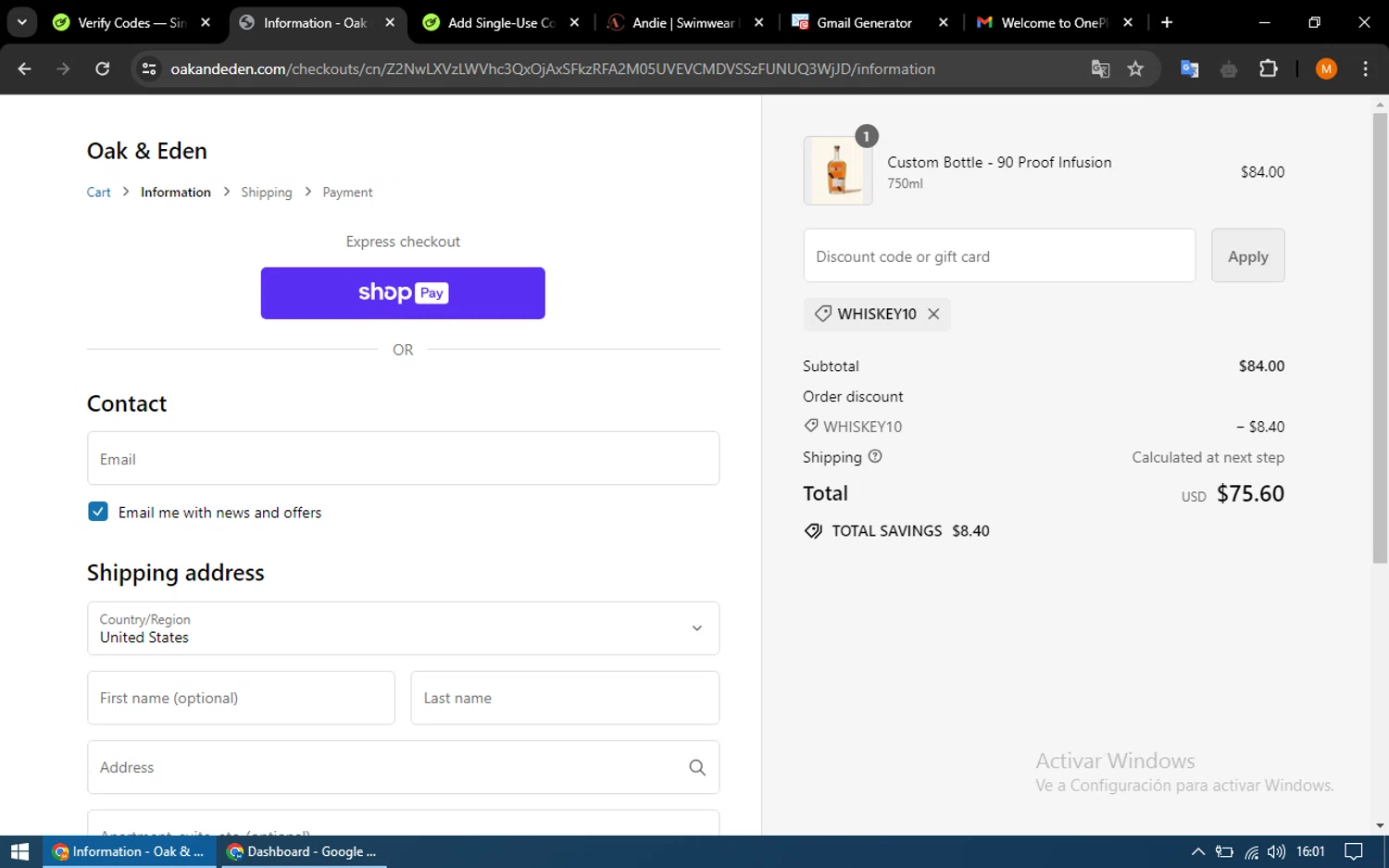 Oak & Eden checkout page showing Oak & Eden promo code box | Screenshot taken by SimplyCodes community member on May 17, 2024