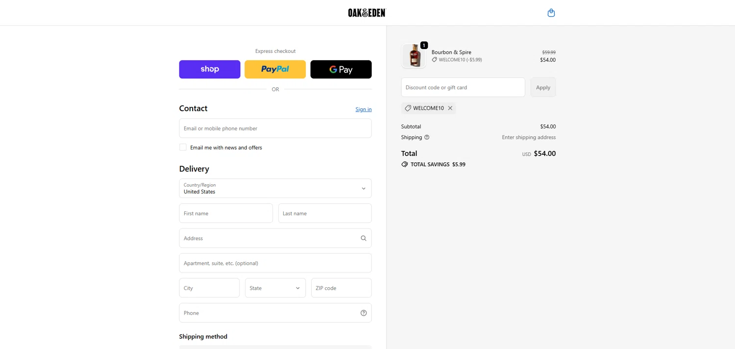 Oak & Eden promo code screenshot showing code WELCOME10 applied at Oak & Eden checkout page. Uploaded by SimplyCodes community member ivantorres on Dec 28, 2025