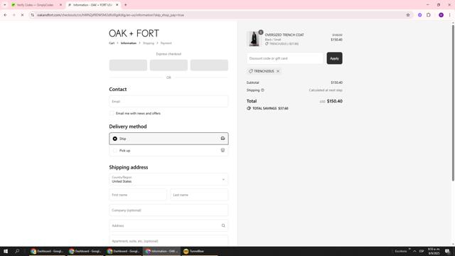 Oak + Fort checkout page showing Oak + Fort promo code box | Screenshot taken by SimplyCodes community member on Sep 8, 2025
