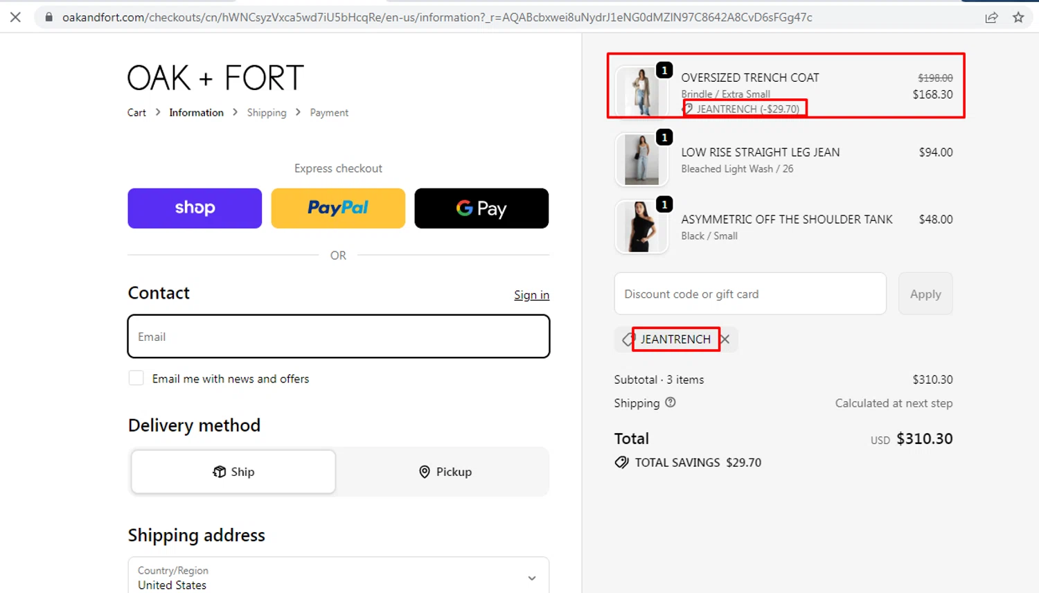 Oak + Fort promo code screenshot showing code JEANTRENCH applied at Oak + Fort checkout page. Uploaded by SimplyCodes community member nileskamarcano on Jun 2, 2026