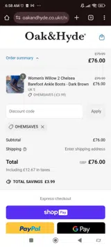 Oak & Hyde coupon verification screenshot