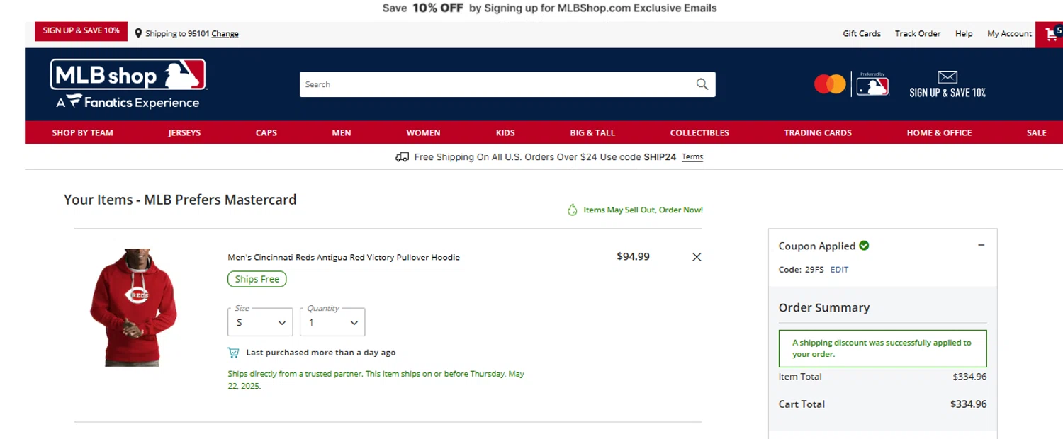 Oakland Athletics promo code screenshot showing code FS29 applied at Oakland Athletics checkout page. Uploaded by SimplyCodes community member alexcoleman on May 21, 2025