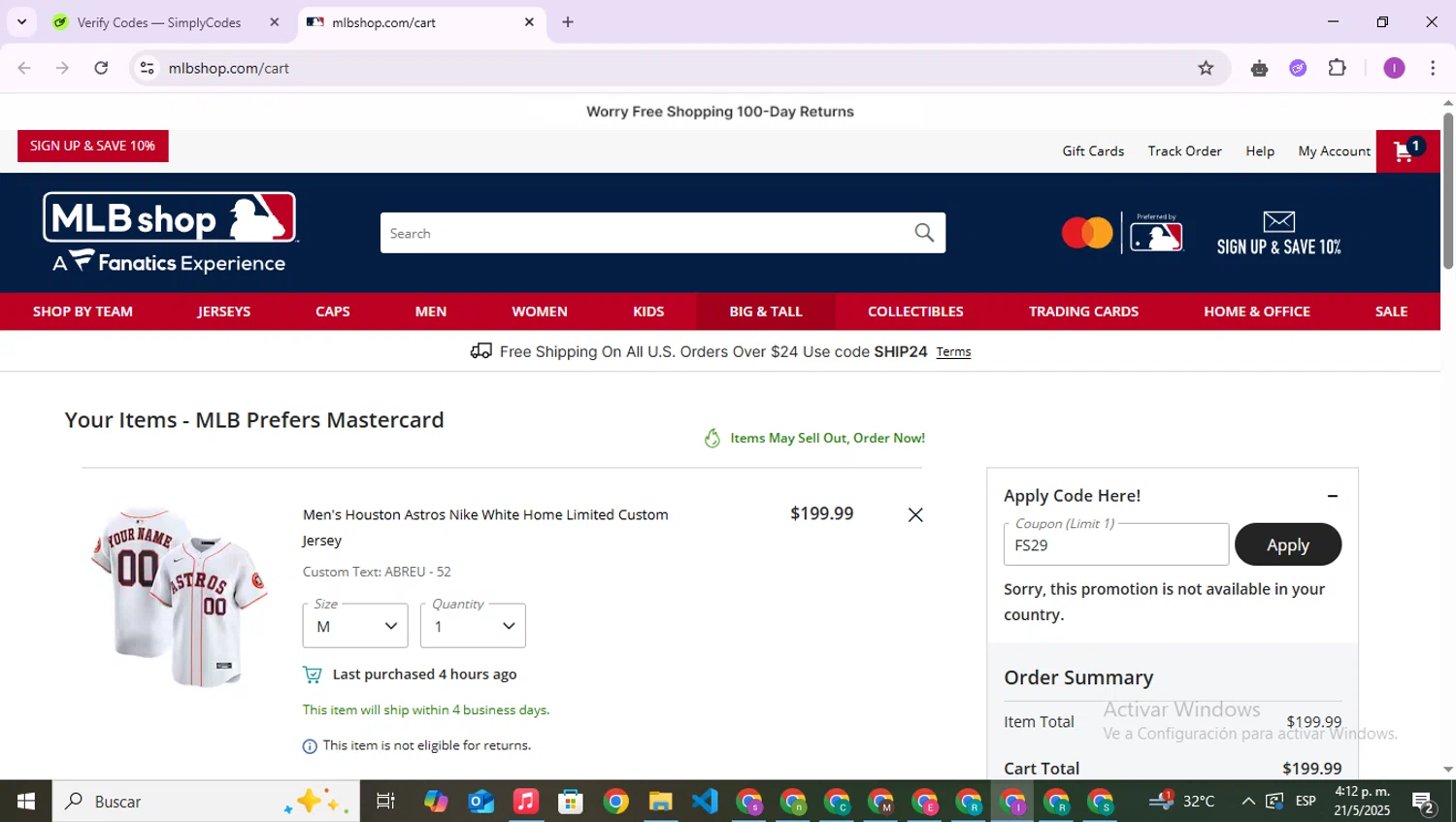 Oakland Athletics promo code screenshot showing code FS29 applied at Oakland Athletics checkout page. Uploaded by SimplyCodes community member RebateAce6764 on May 21, 2025