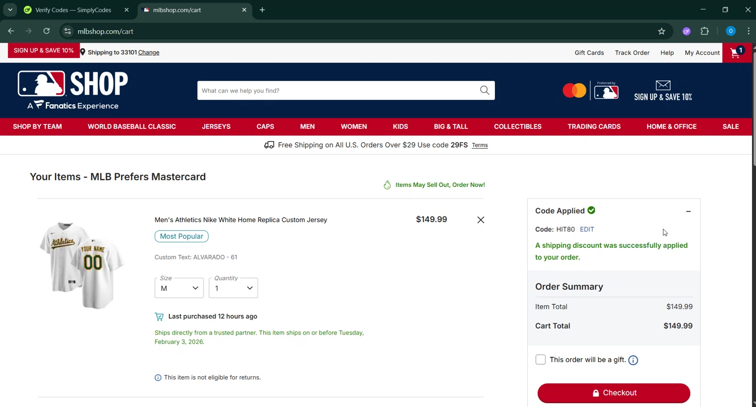 Oakland Athletics checkout page showing Oakland Athletics promo code box | Screenshot taken by SimplyCodes community member on Jan 19, 2026