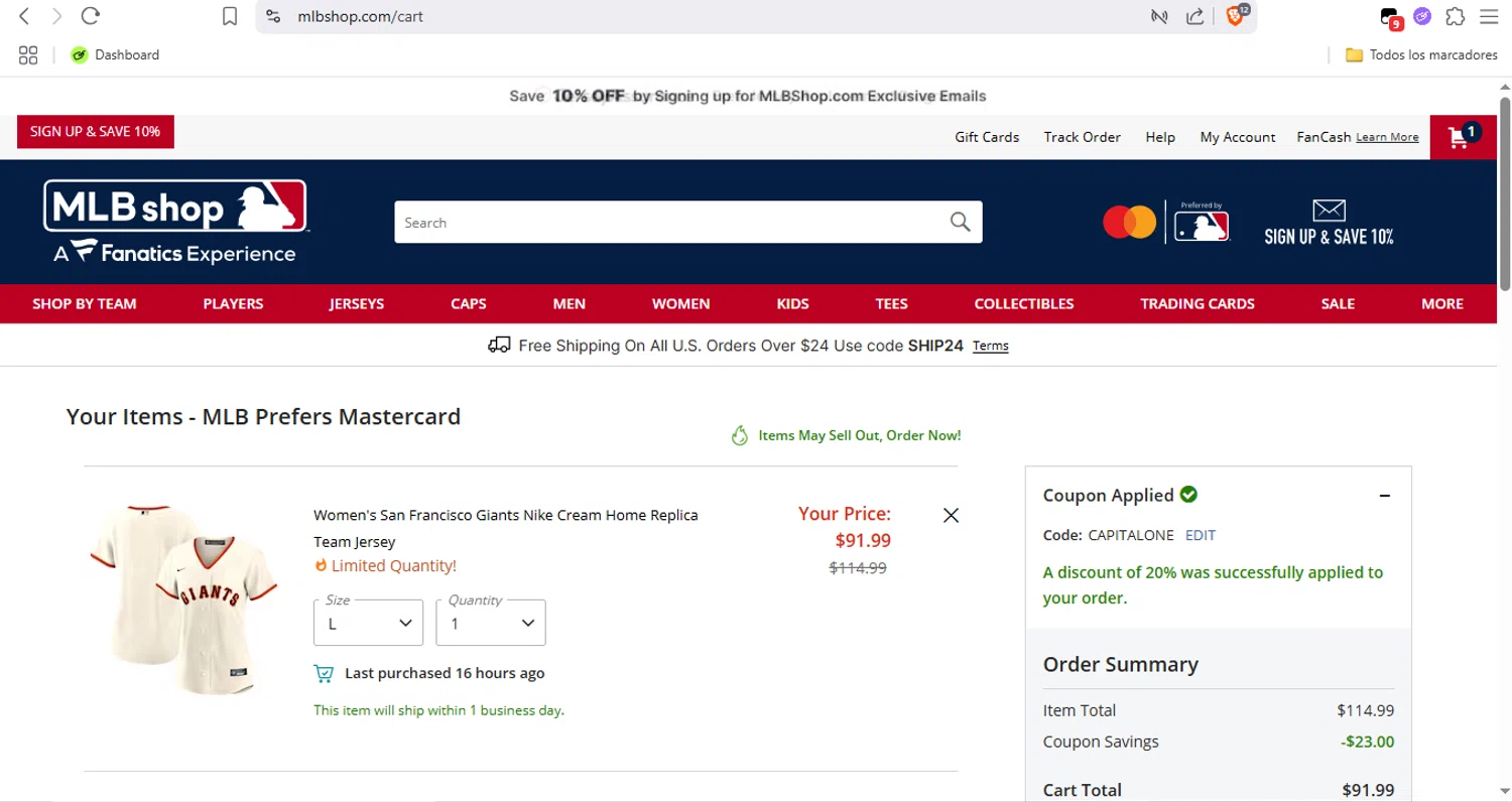 Oakland Athletics promo code screenshot showing code CAPITALONE applied at Oakland Athletics checkout page. Uploaded by SimplyCodes community member FrugalFox6593 on Apr 25, 2025