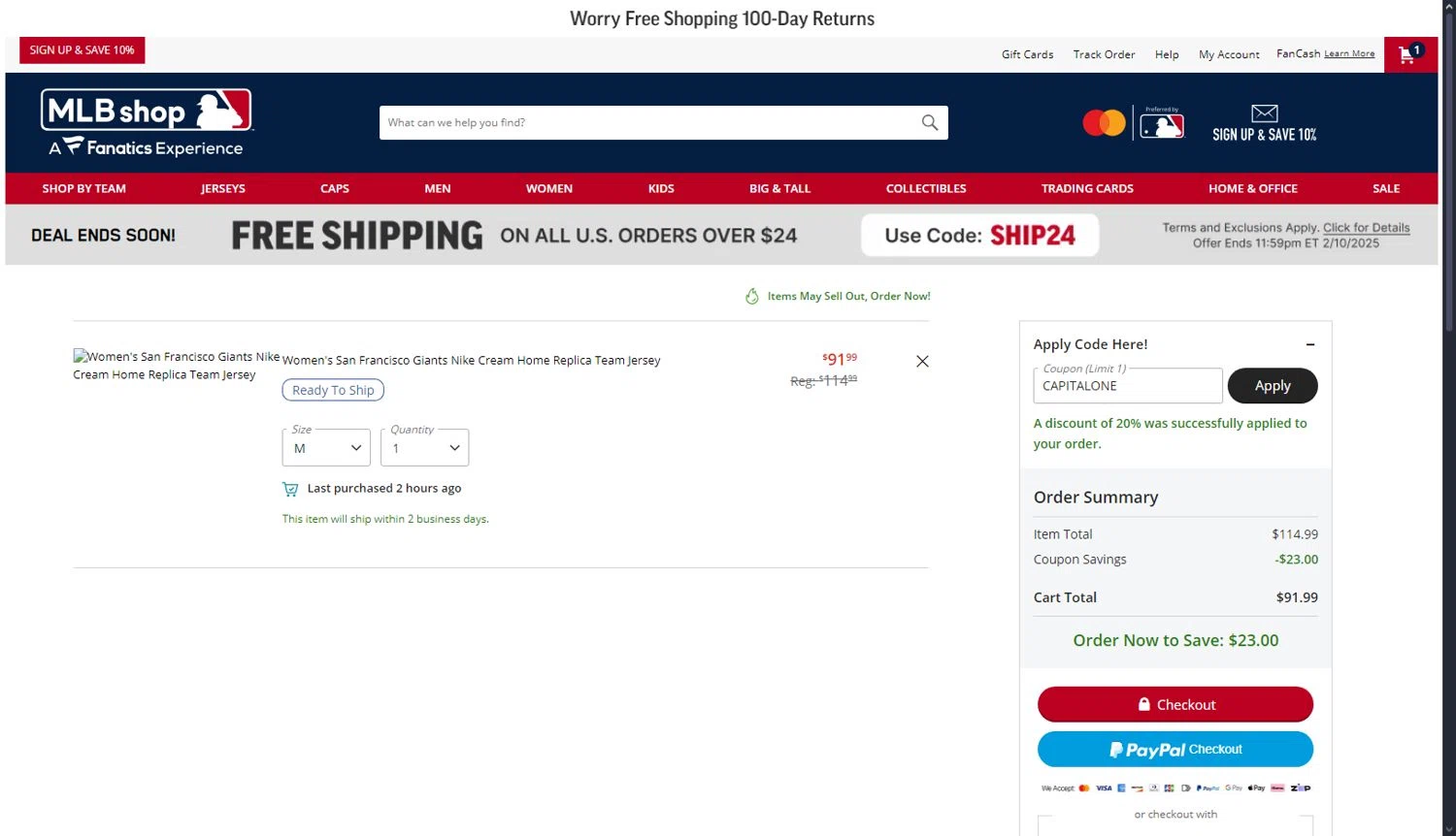 Oakland Athletics promo code screenshot showing code CAPITALONE applied at Oakland Athletics checkout page. Uploaded by SimplyCodes community member terwincastro on Feb 10, 2025
