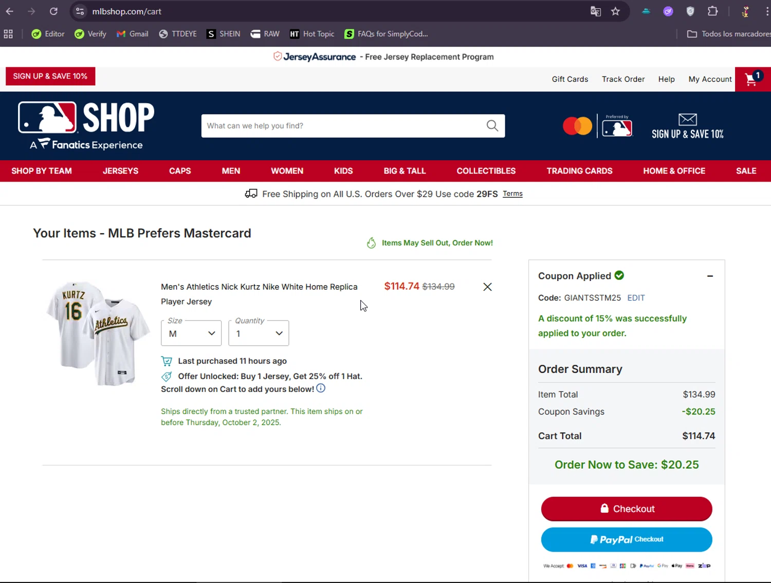 Oakland Athletics promo code screenshot showing code GIANTSSTM25 applied at Oakland Athletics checkout page. Uploaded by SimplyCodes community member DonGato on Sep 22, 2025