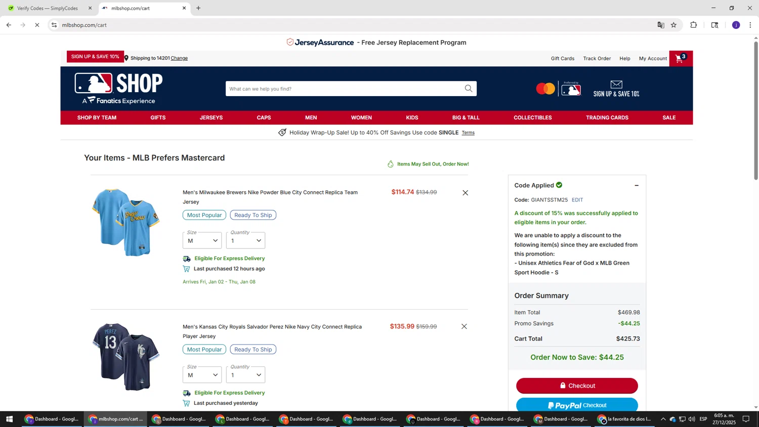 Oakland Athletics promo code screenshot showing code GIANTSSTM25 applied at Oakland Athletics checkout page. Uploaded by SimplyCodes community member simplycodesssss on Dec 27, 2025