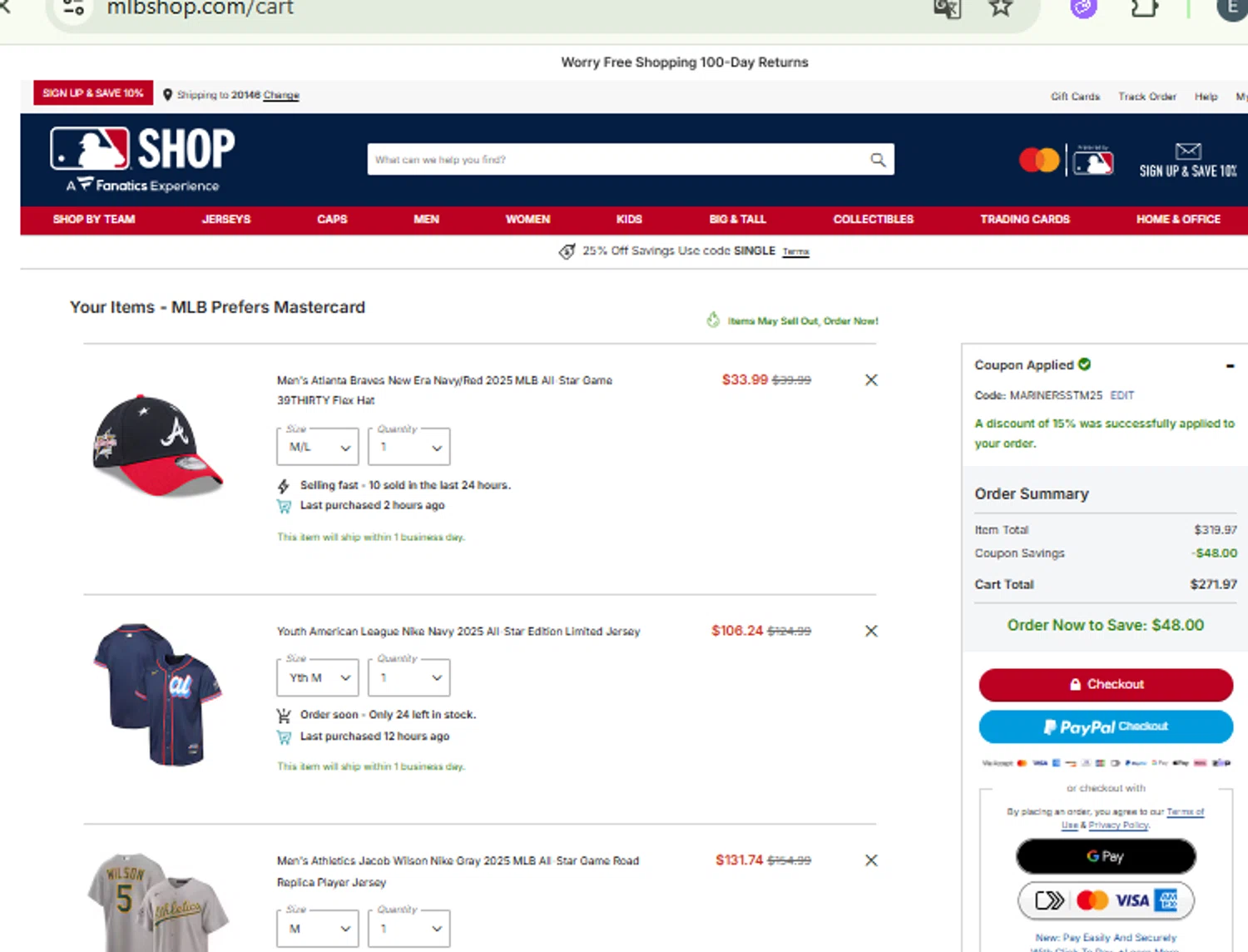 Oakland Athletics promo code screenshot showing code MARINERSSTM25 applied at Oakland Athletics checkout page. Uploaded by SimplyCodes community member CashMaestro9337 on Jul 18, 2025